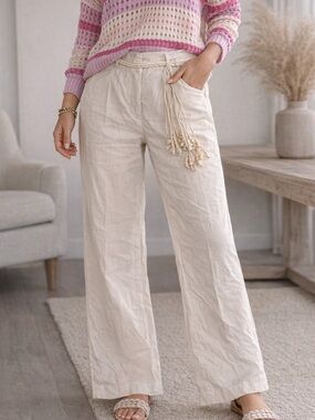 NWT House of Harlow 1960 Women's Cream Wide-Leg Linen Blend Pants XS